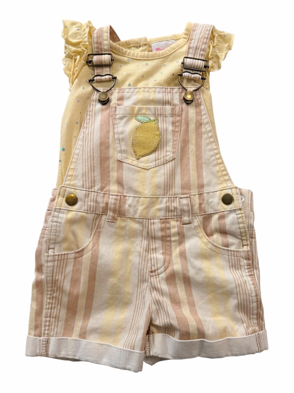 Little Lass Yellow & Peach Stripe Overall Shorts with Lemon Patch